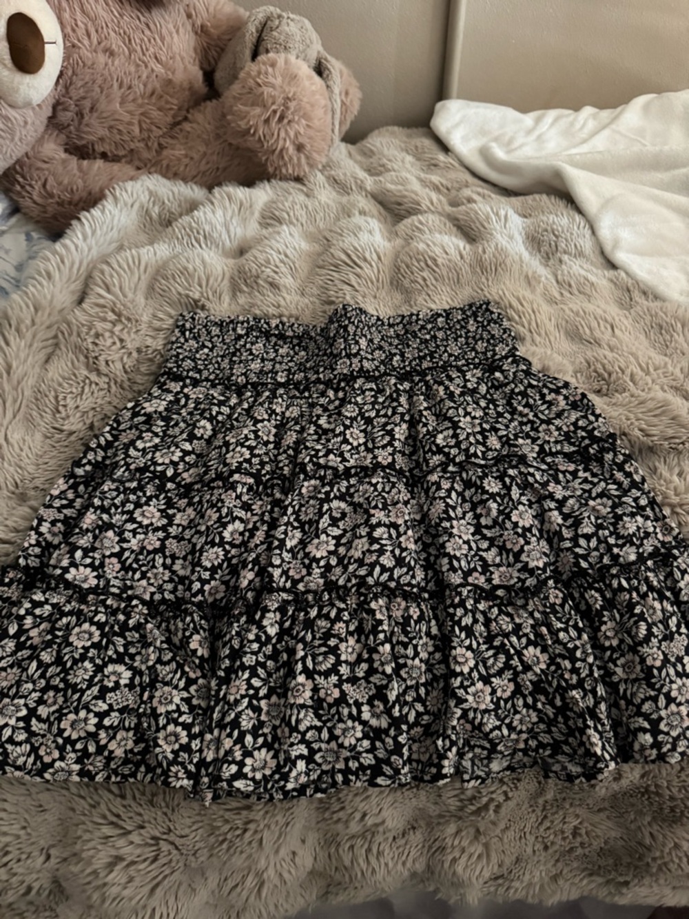 American Eagle Outfitters Black Floral Smocked Tiered Mini Skirt